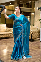 Vastranavya Sea Blue Embroidery Work Shimmer Chiffon Saree with Unstitched Blouse | Grocsy