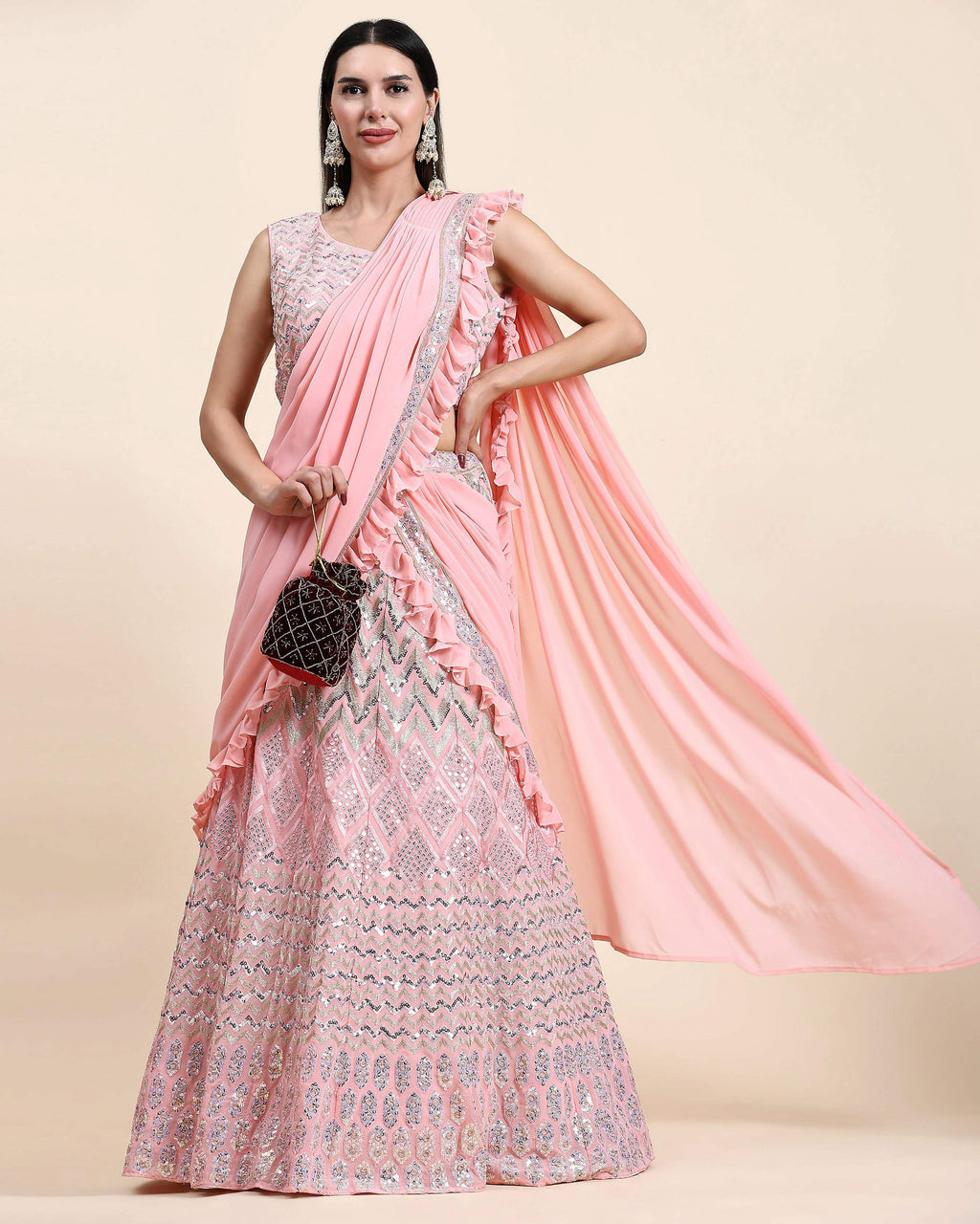 Pink Pure Viscose Georgette Thread With Sequins Embroidery Work Lehenga Choli With Dupatta - Tanya | Grocsy