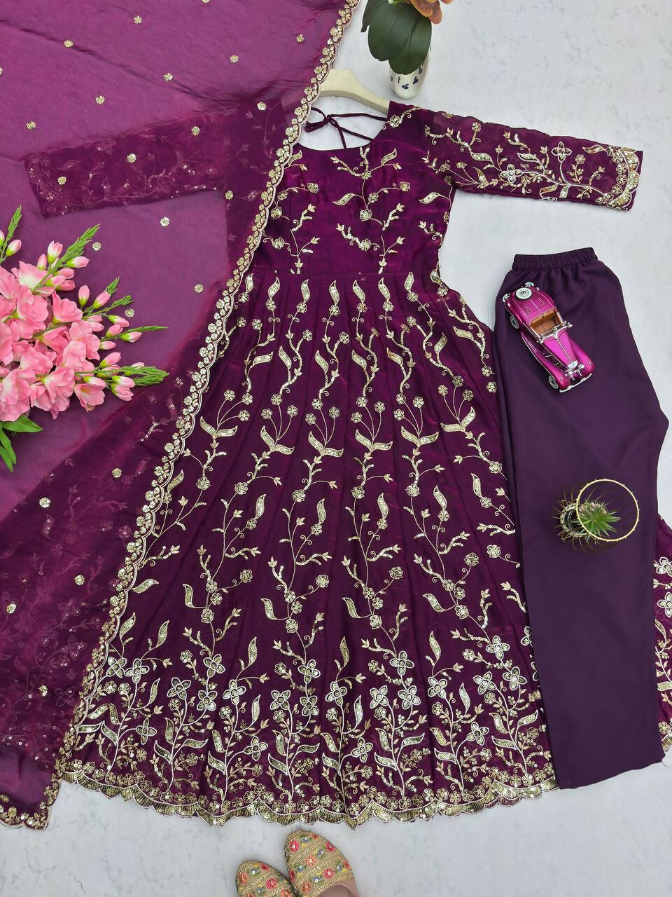 Teeya Creation Wine Color Faux Georgette Long Party Wear Gown | Grocsy