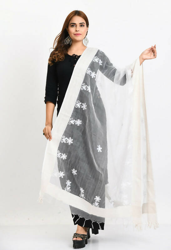 Mominos Fashion Moeza Women's Orgenza All Over Chikan Work White Dupatta | Grocsy