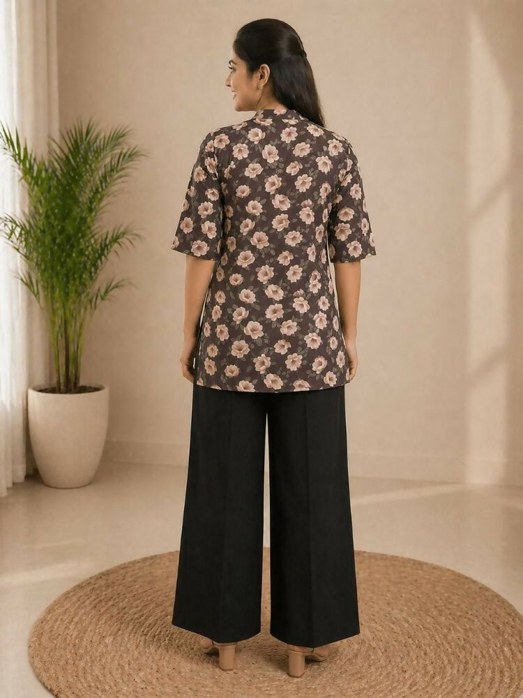 Teeya Creation Women Coffee Brown & Peach Floral Printed Cotton Kurti with Black Wide-Leg Palazzo Set | Grocsy