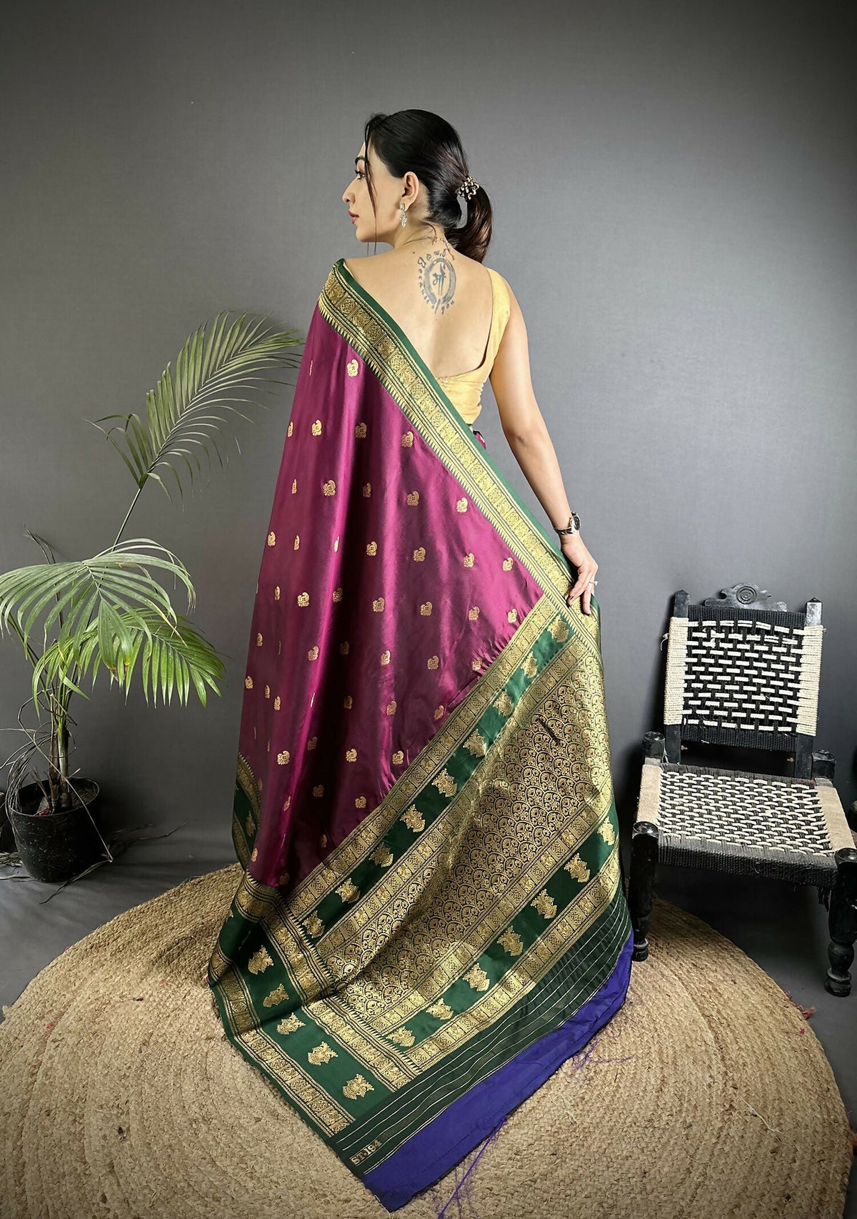Joban Fashion Wine Banarasi Soft Silk Woven Butti Saree | Grocsy