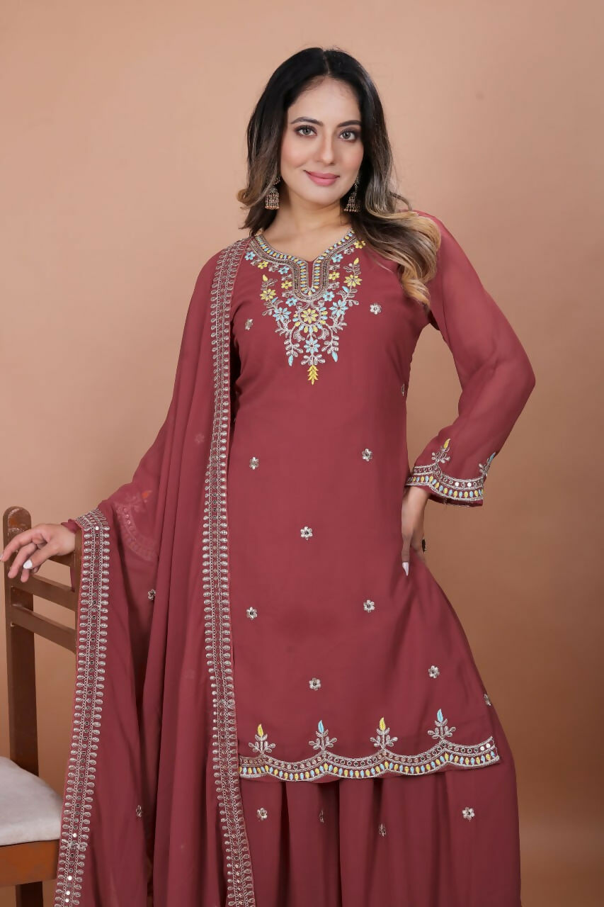 Teeya Creation Brown Color Faux Georgette Embroidery Work Wedding Wear Palazzo Set | Grocsy