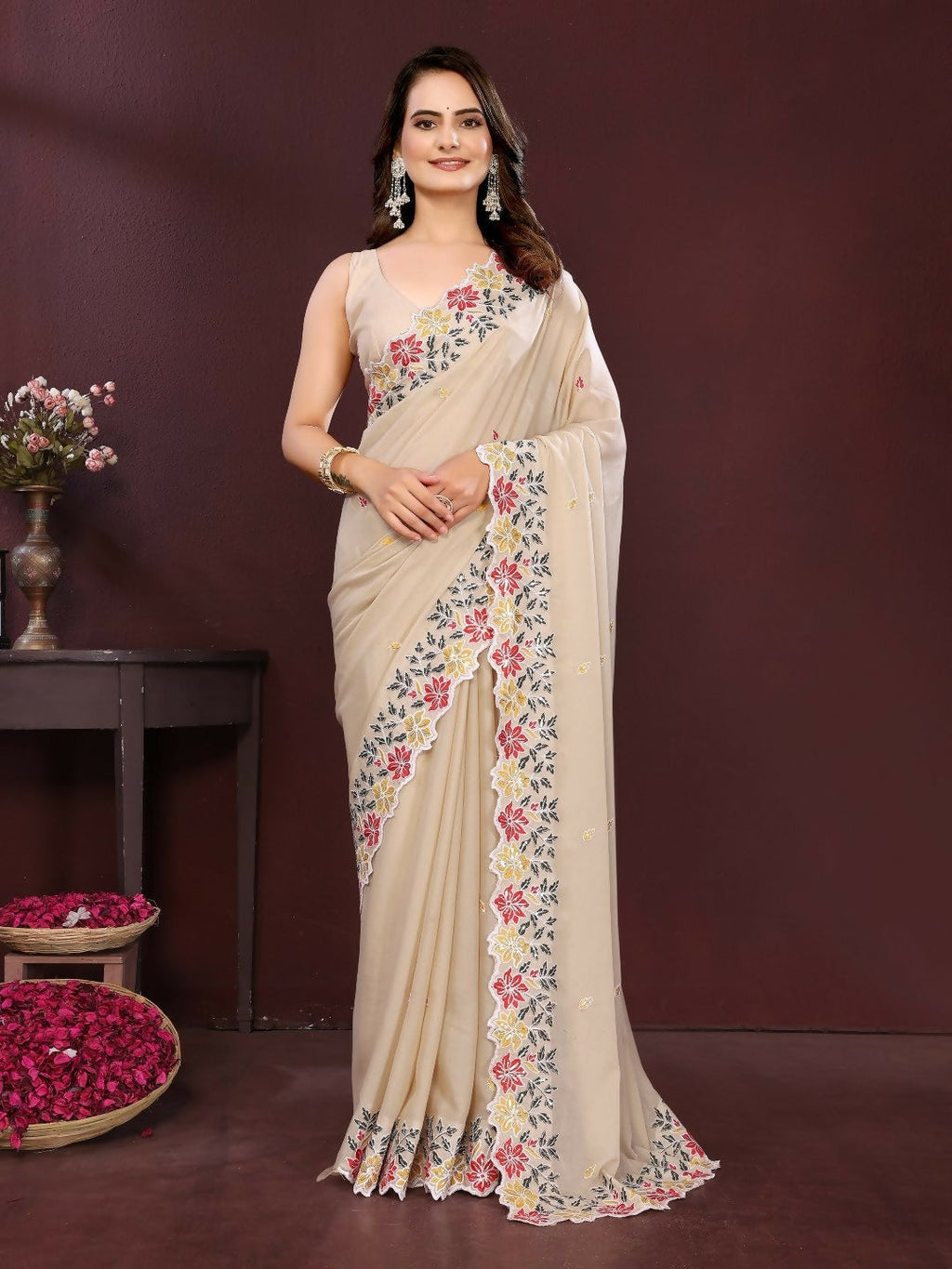 Ai Fashion Peach Soft Star Georgette Embroidery Party Wear Saree | Grocsy