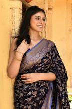 Joban Fashion Navy Blue Crepe Chiffon Pure Handloom Banarasi Silk Saree | Grocsy