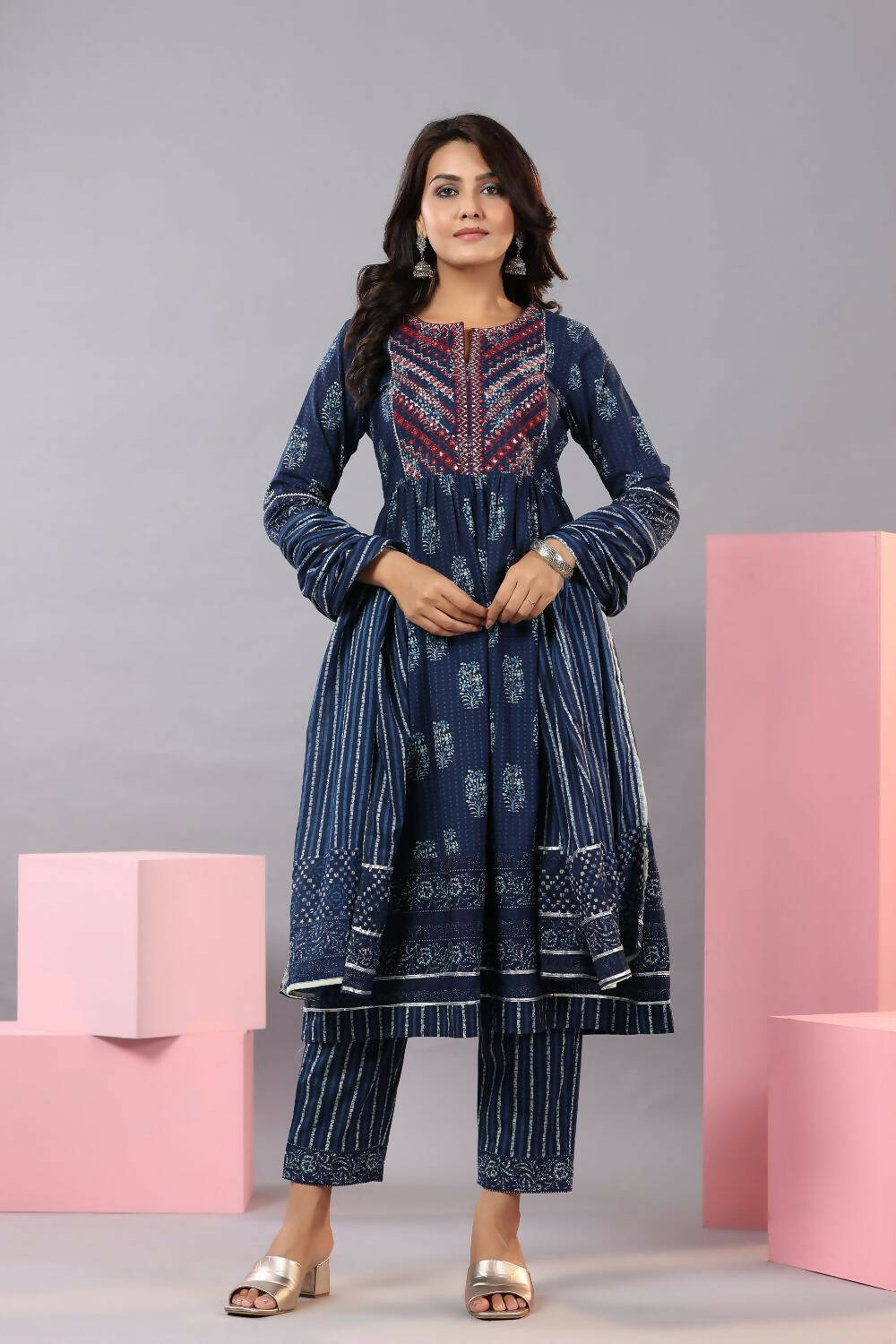 Juniper Women Indigo Cotton Cambric Batik texture Printed Kurta, Pants and Dupatta Set | Grocsy