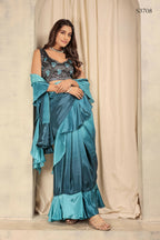 Blue Satin Solid Designer, Printed Party Wear Ready To Wear Saree - Nasreen | Grocsy