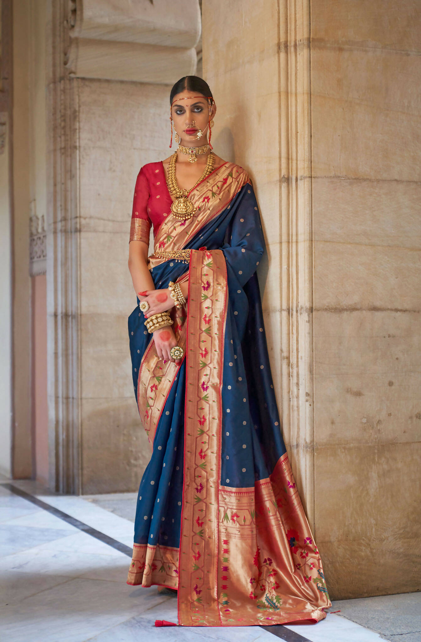 Navu Blue Soft V.P. Silk Magnum Finish, Weaving, Golden Zari Paithani Silk Saree - Rath Kadampalli | Grocsy