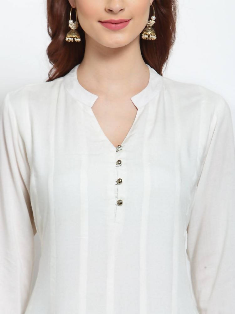 Myshka Women's White Solid Rayon Full Sleeve V Neck Casual Kurta Dupatta Set | Grocsy