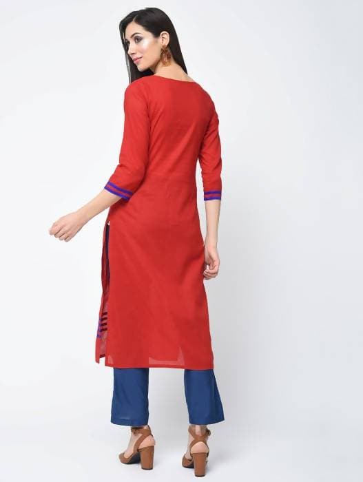 Aniyah Cotton Red Color Straight Kurta With Patchwork (AN-108K) | Grocsy