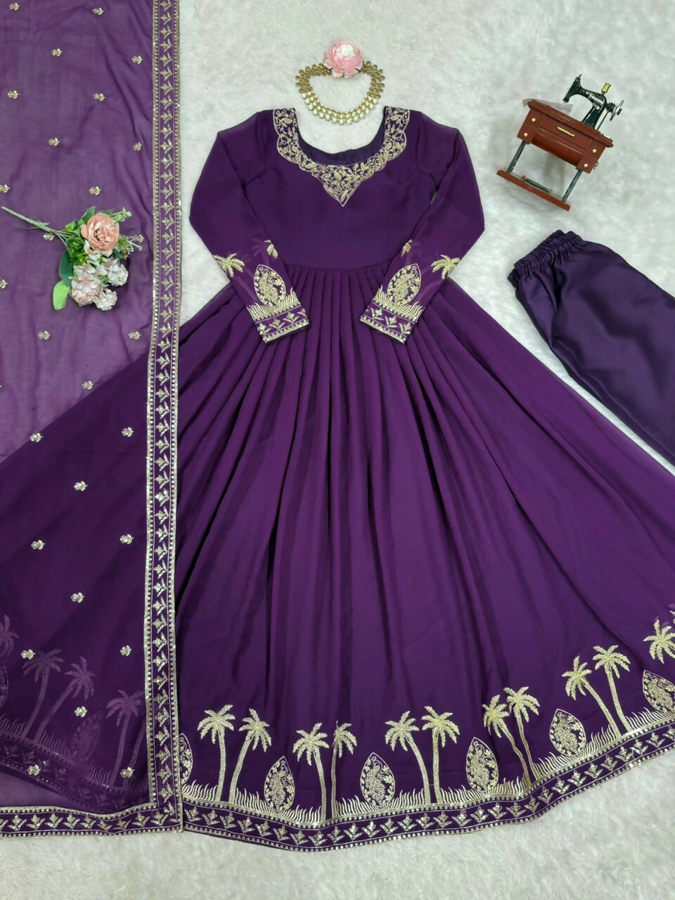 The52 Women's Gorgeous Faux Georgette Fabric Embroidery Work Flared Anarkali Pant and Dupatta Set | Grocsy