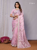 Pink Satin Silk Embroidered Saree With Stitched Blouse - Nimaya Kaksha | Grocsy