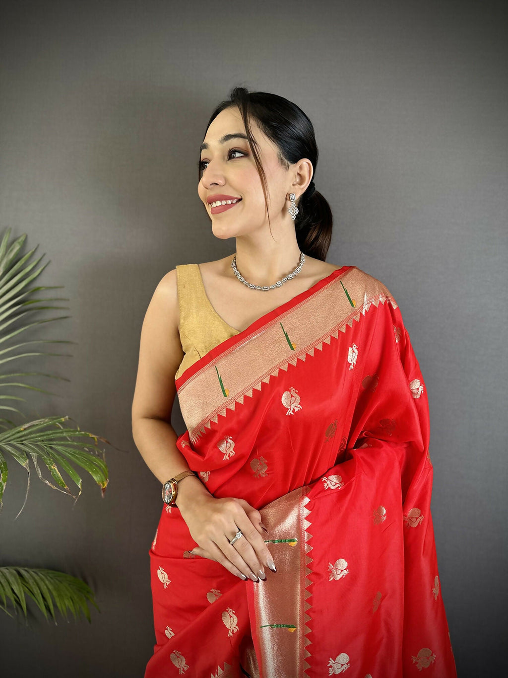Joban Fashion Red Peacock & Floral Motifs Soft Silk Kanchipuram Saree | Grocsy