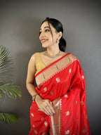 Joban Fashion Red Peacock & Floral Motifs Soft Silk Kanchipuram Saree | Grocsy