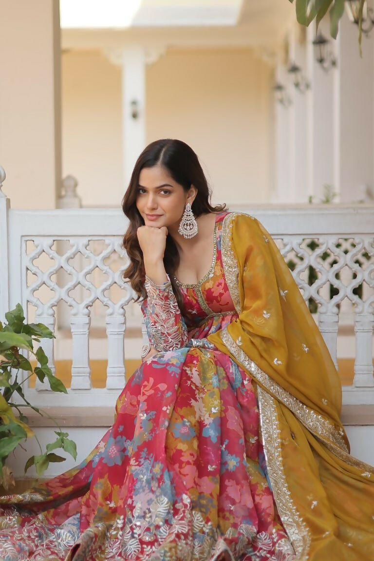 Jyoti Fashion Women's Pink & Yellow Russian Silk Sequins Zari Embroidery Anarkali Dress with Dupatta | Grocsy