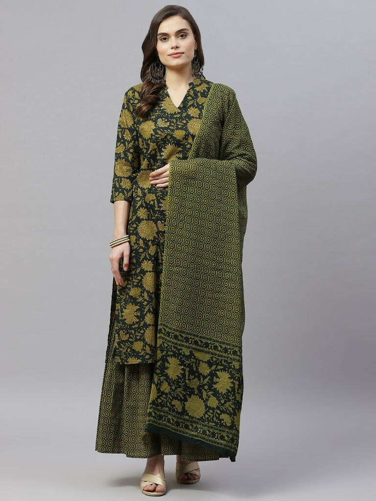 Miravan Women's Cotton Floral Straight Kurta & Sharara With Dupatta Set | Grocsy