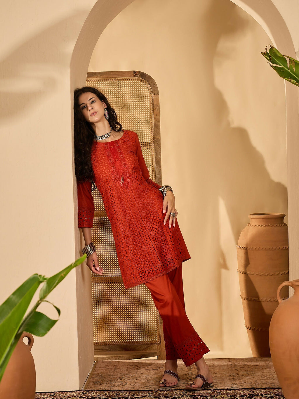 Joban Fashion Embroidery Rust Pure Cotton Cord Set | Grocsy