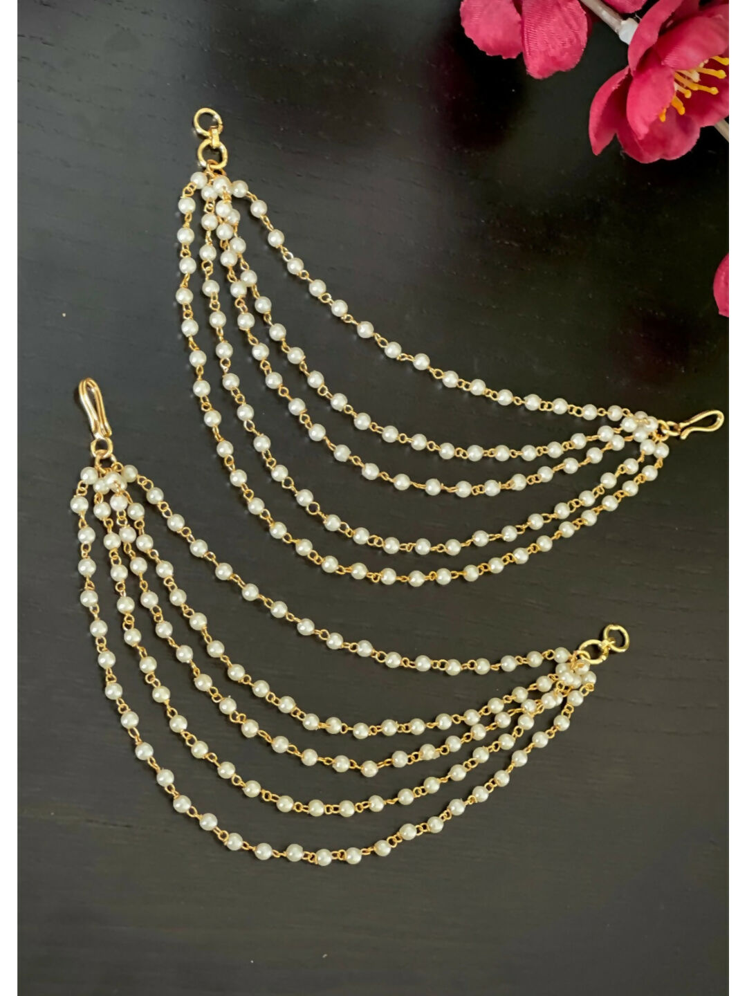 NVR Pearl Studded Classic Gold-Polished 5 Line Ear Chain Ear Cuff | Grocsy