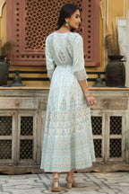 Juniper Women's Skyblue Viscose Shantoon Festive Printed Flared Dress | Grocsy