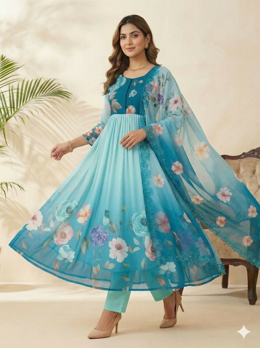 Teeya Creation Womens New Fancy Silk Heavy Quality Fabric With Handwork Sky-Blue Gown Set | Grocsy