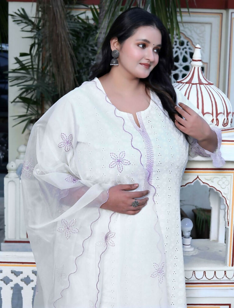 Miravan Women's Plus Size Organza Cotton Chikankari Embroidered With Purple Sequence work Jaipuri Suit Set | Grocsy