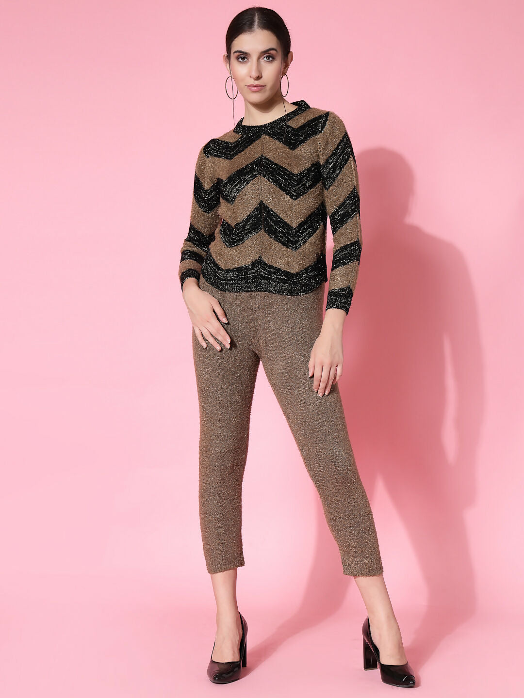 Women Black Acrylic Stripe & Solid Winter Co-Ord Set - Wool Trees | Grocsy