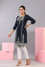 Juniper Women Navy Blue Rayon Printed Knee Length Straight Kurta | Grocsy