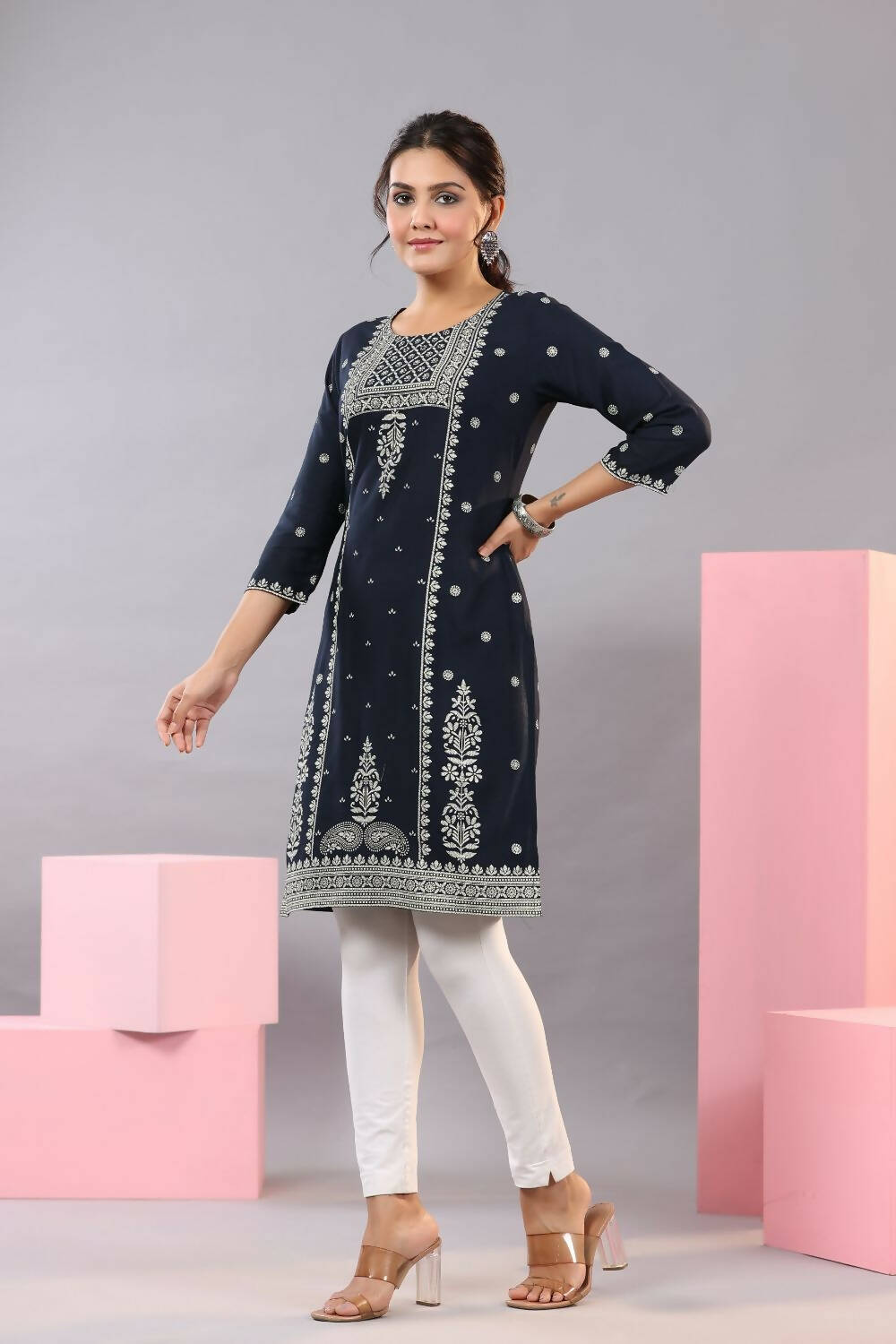 Juniper Women Navy Blue Rayon Printed Knee Length Straight Kurta | Grocsy