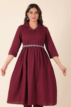 Aramya Maroon Linen Cotton Solid A-line Kurta for Women | Grocsy
