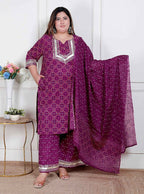 Miravan Plus Size Magenta Embroidered Cotton Kurta With Palazzo And Dupatta | Grocsy
