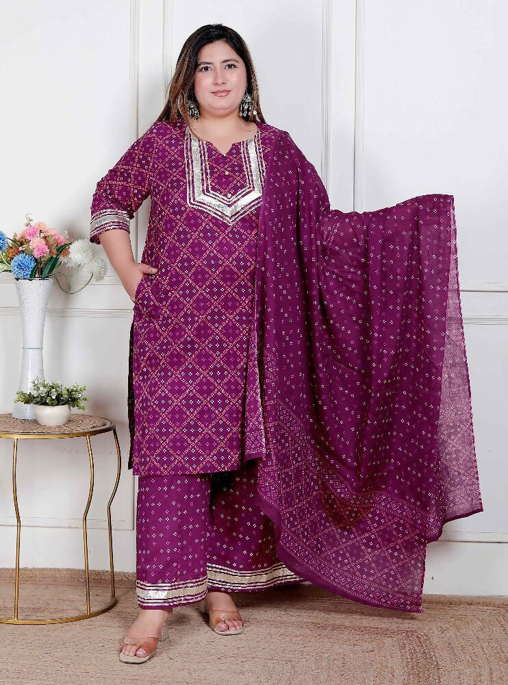 Miravan Plus Size Magenta Embroidered Cotton Kurta With Palazzo And Dupatta | Grocsy
