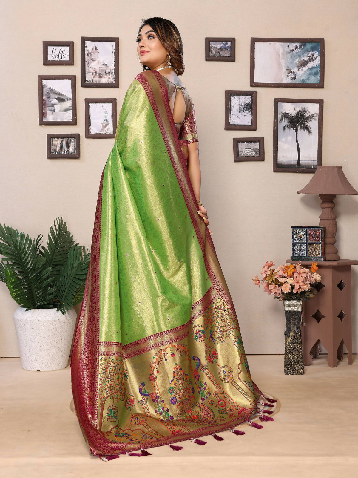 Aastha Fashion Pista Tissue Silk Weaving Saree | Grocsy