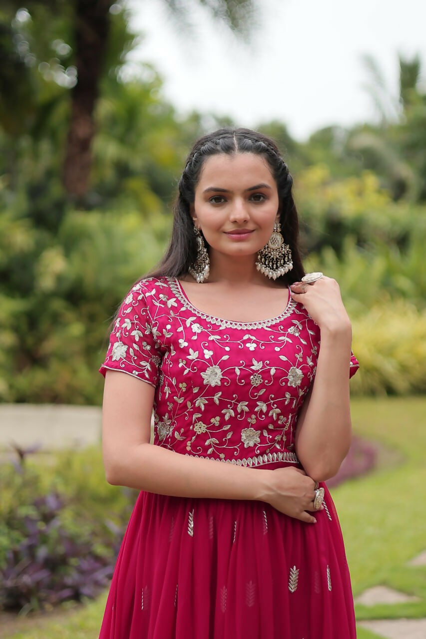 Vastranavya Premium Designer Faux Blooming with Embroidery Zari Sequins work Gown - Pink | Grocsy