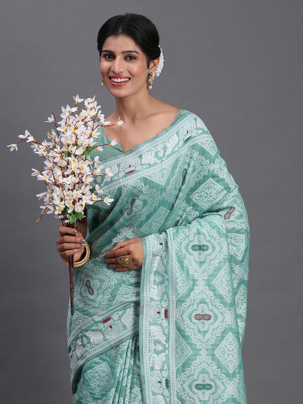 Shree Shyam Fashion Linen Cotton Sea Green Saree | Grocsy
