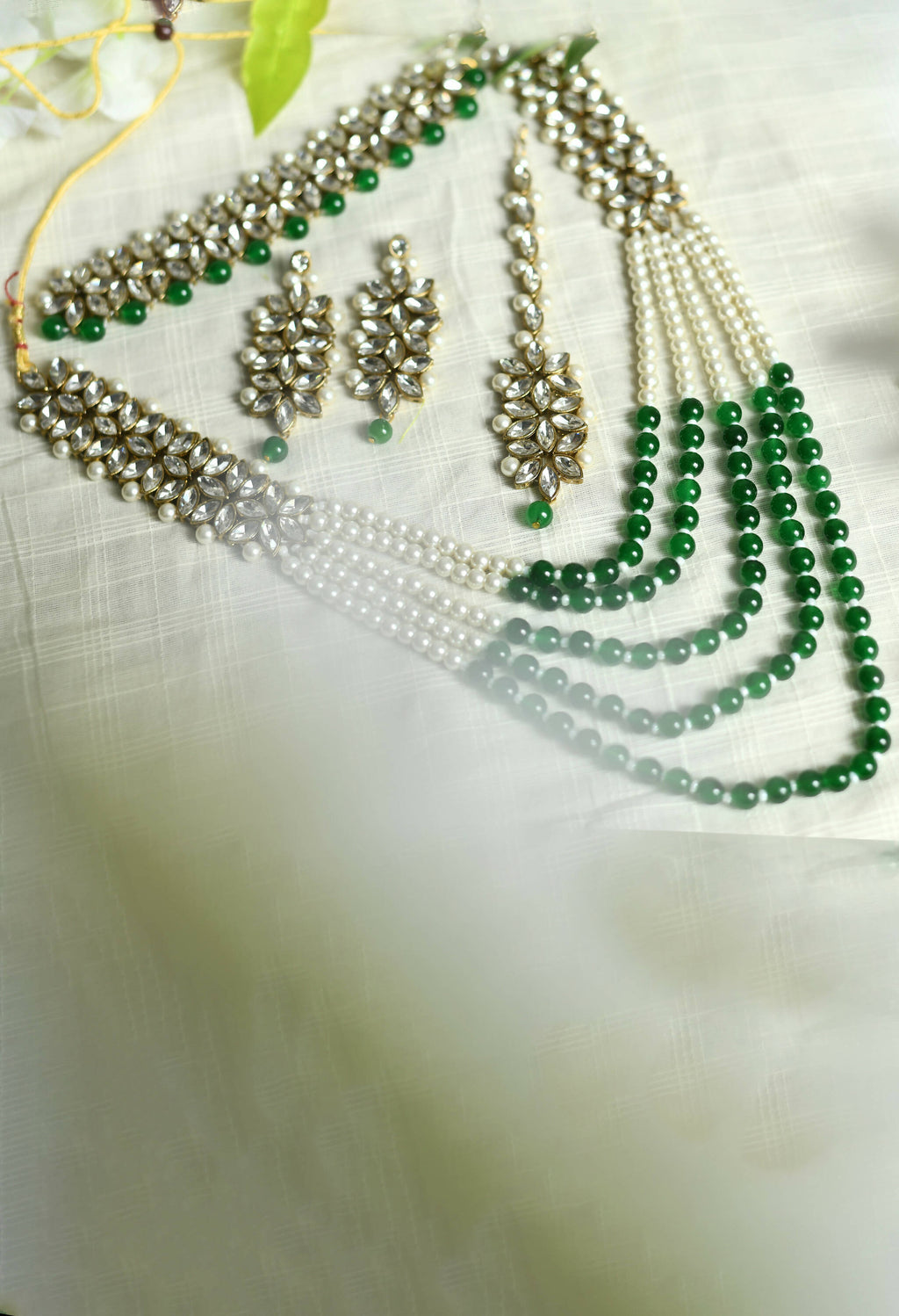 Mominos Fashion Johar Kamal Gold-Polished Rani Haar with Green and Off white Pearls Jewellery Set