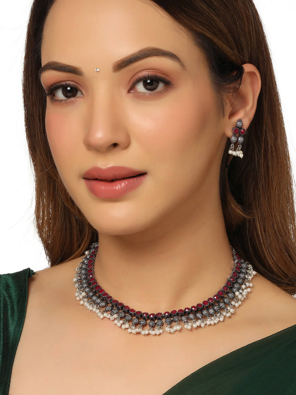 NVR Women Silver-Plated Stone Studded Oxidised Silver Jewellery Set | Grocsy