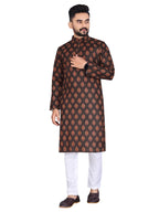 Mens Brown Cotton Printed Kurta - Mahotsav | Grocsy