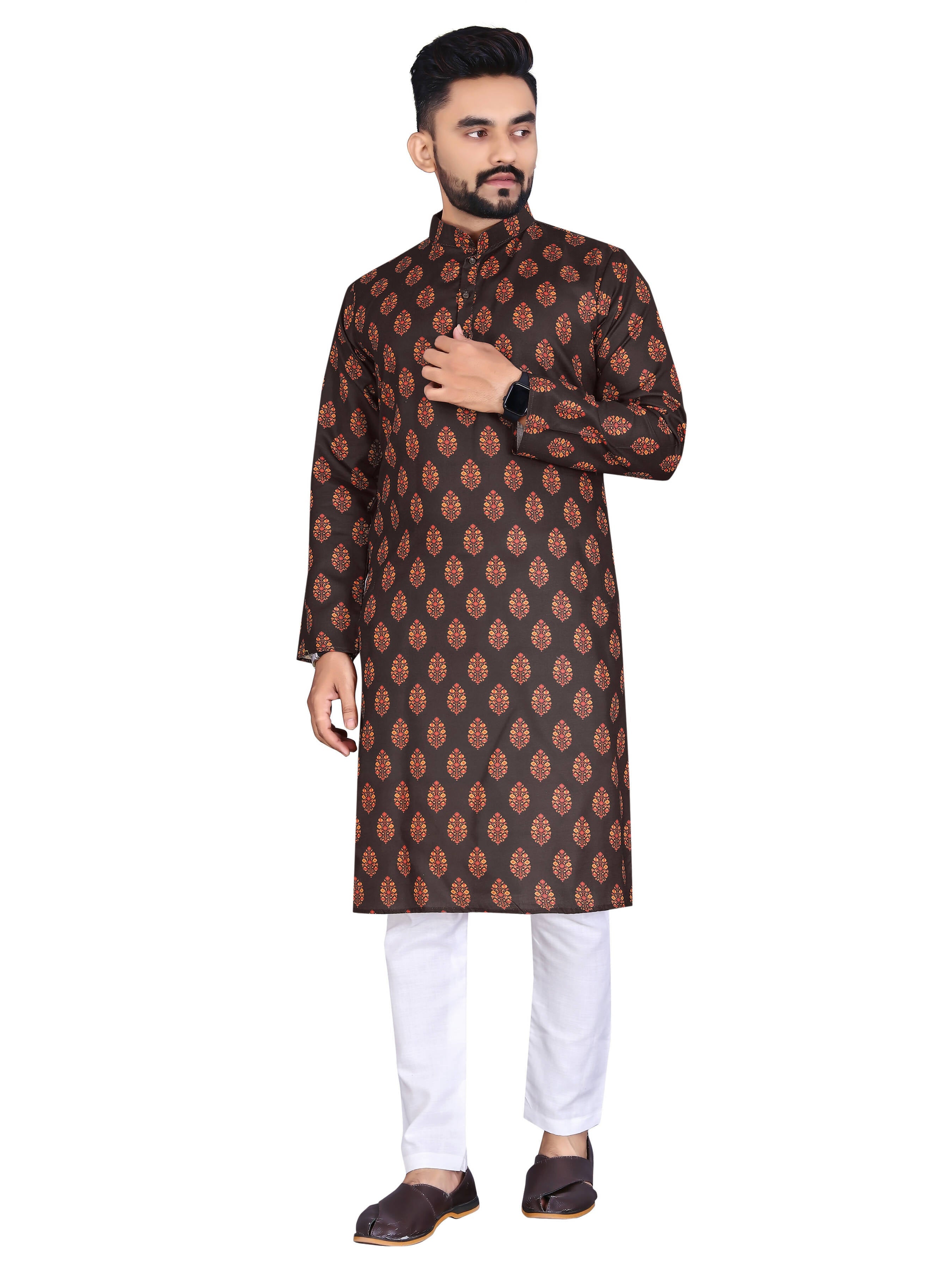 Mens Brown Cotton Printed Kurta - Mahotsav | Grocsy