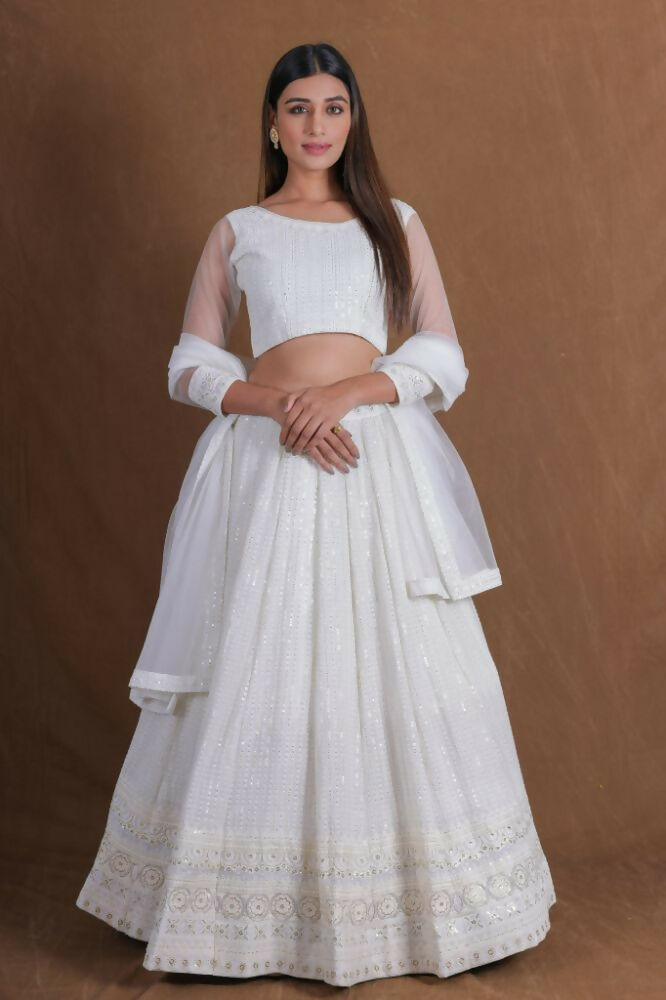 White Thread Sequenve Embroidery Work Lehenga Choli Set - Jihu Culture | Grocsy