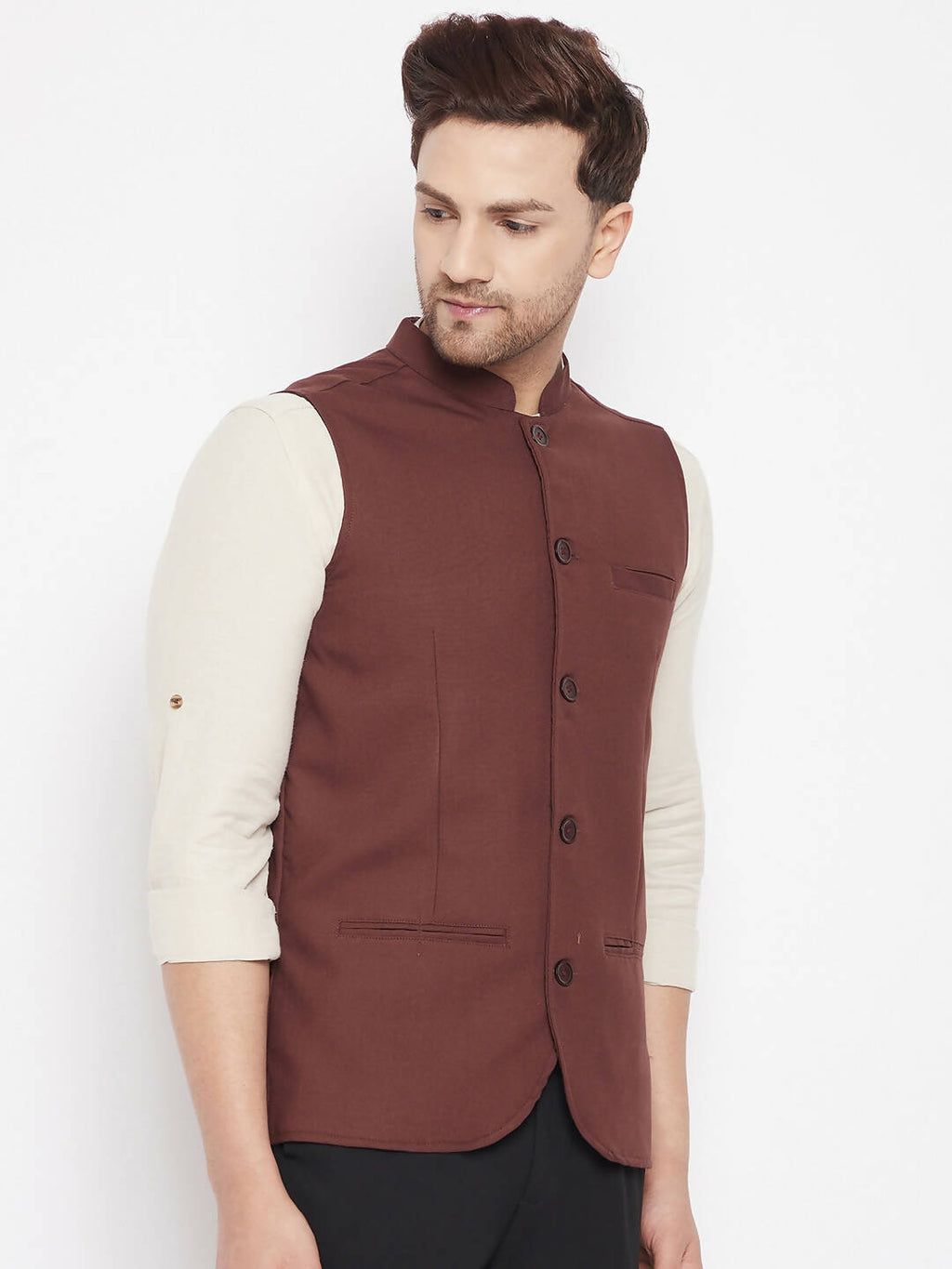 Even Apparels Maroon Merino Men Woven Nehru Jacket | Grocsy