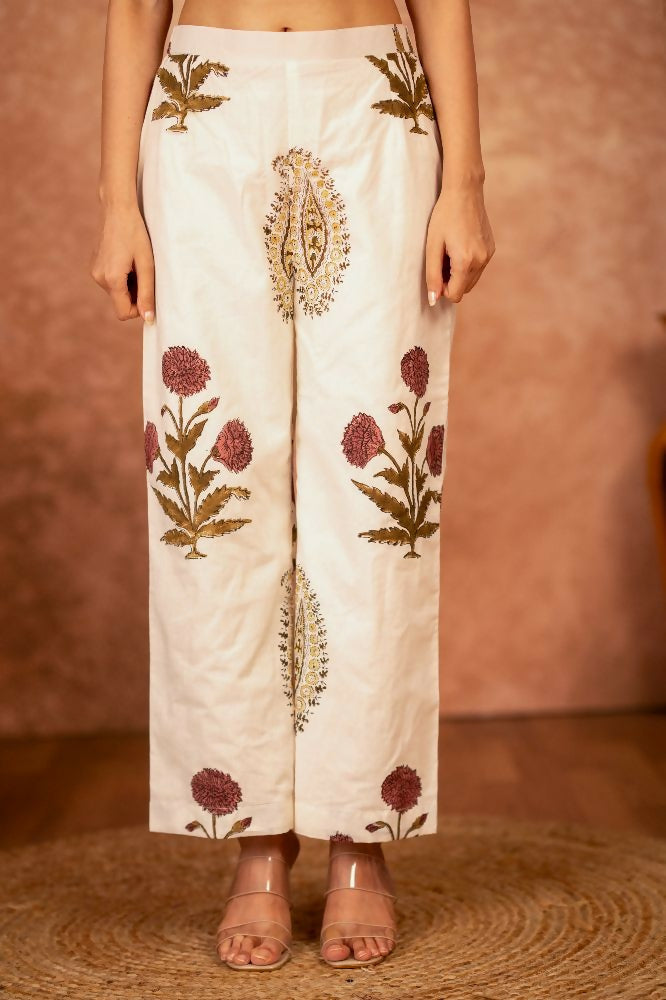 Joban Fashion Off White Red Floral Hand Block Printed Cotton Kurta Pant Set | Grocsy