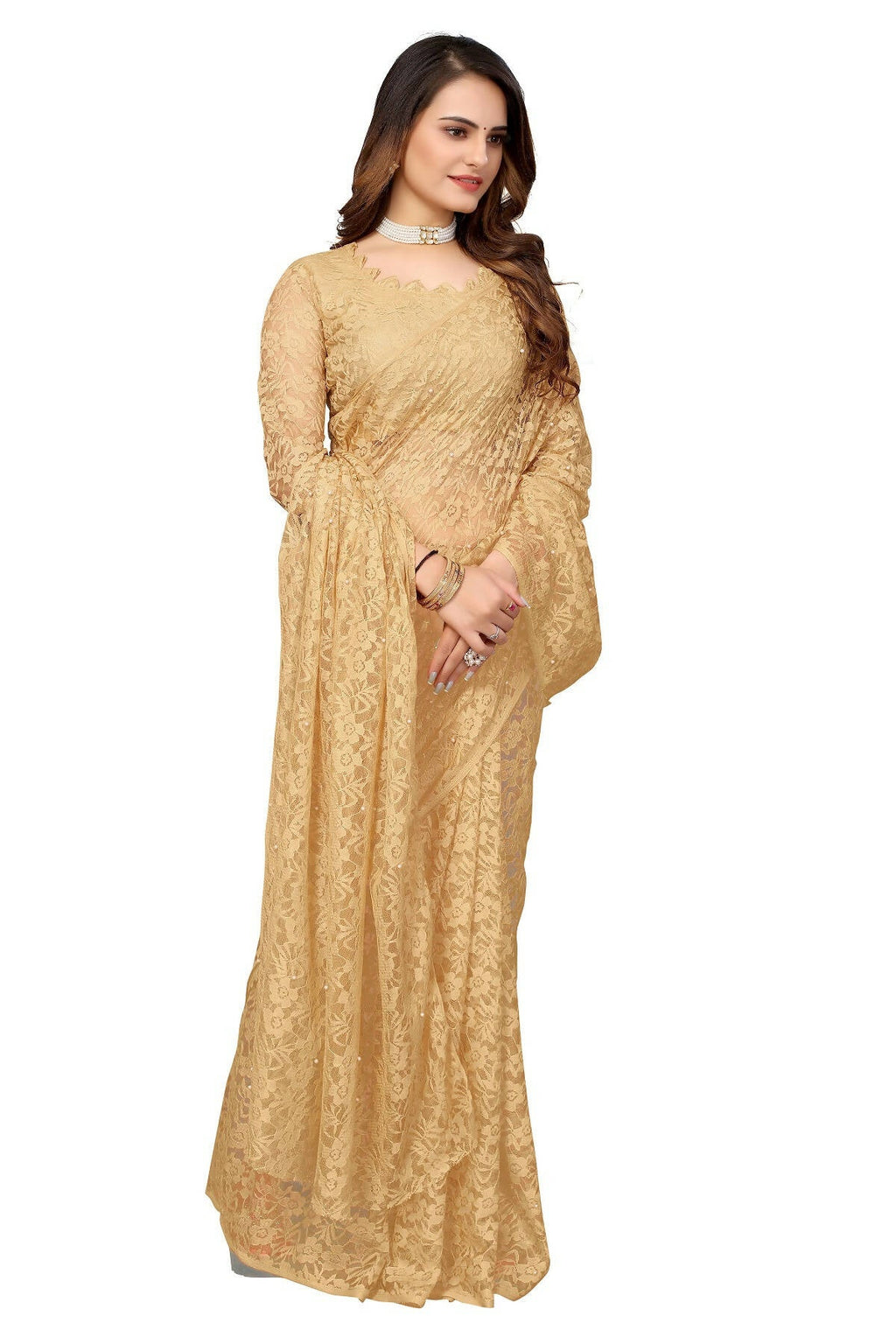 Vamika Brown Pearls Net Saree | Grocsy