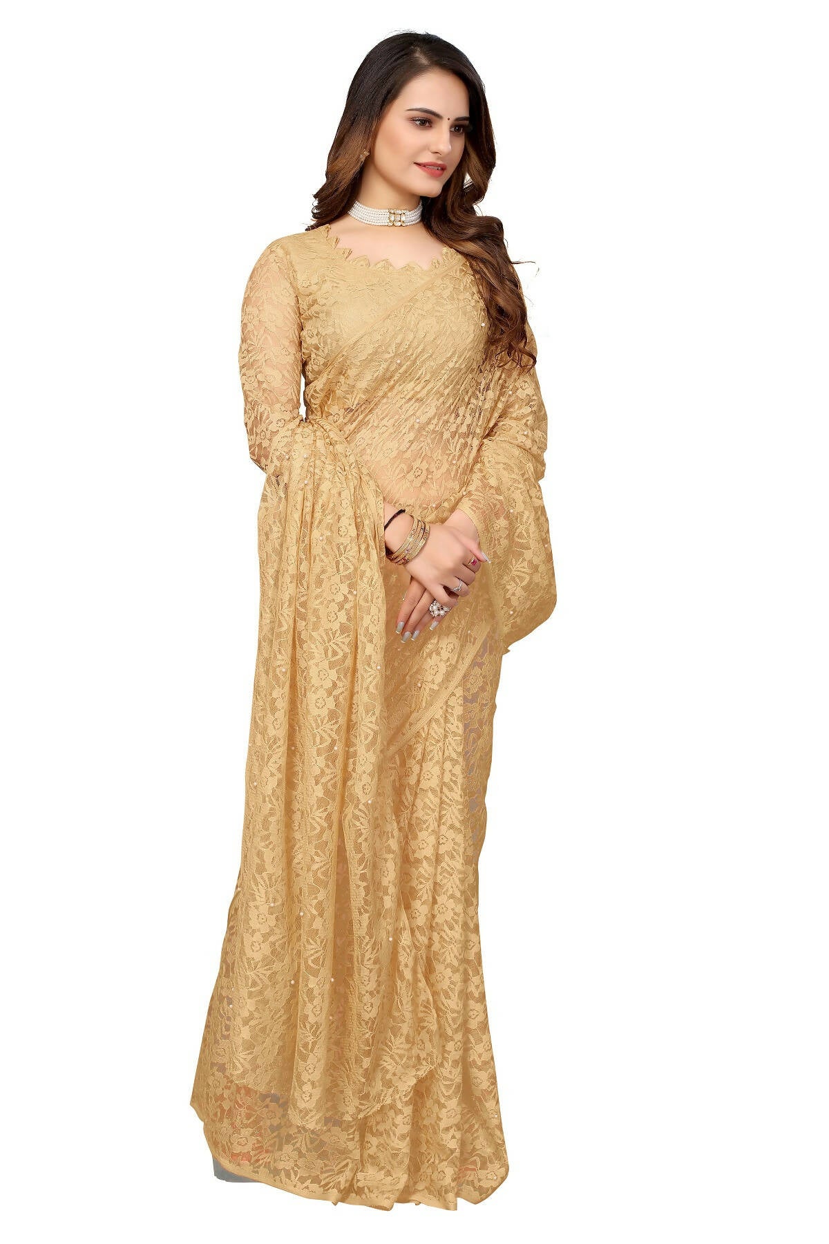Vamika Brown Pearls Net Saree | Grocsy