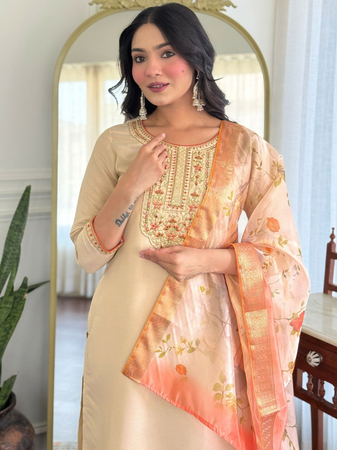 The52 Chiku Women's Beautiful Rayon Fabric Embroidered Work Straight Kurta Pant and Dupatta Set | Grocsy