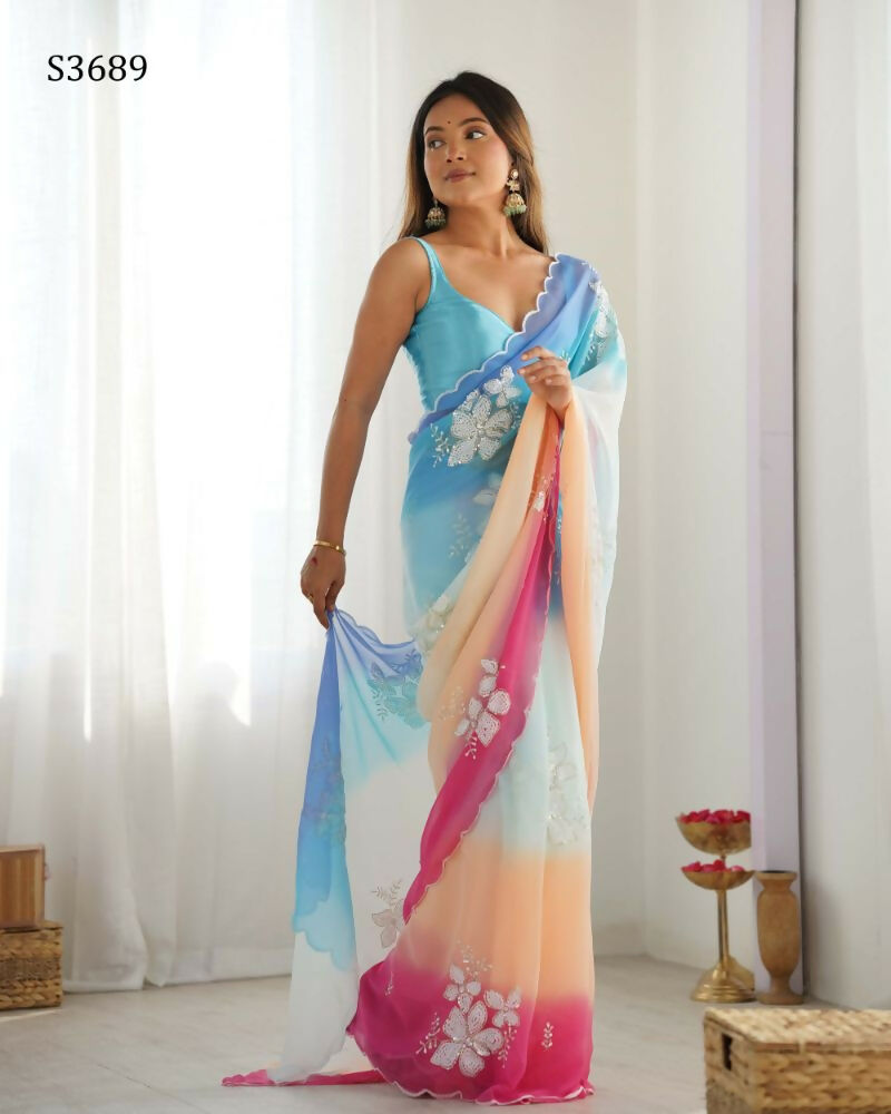 Sky Blue Georgette Pedding Color, Embroidery Work Party Wear Saree - Erisha | Grocsy