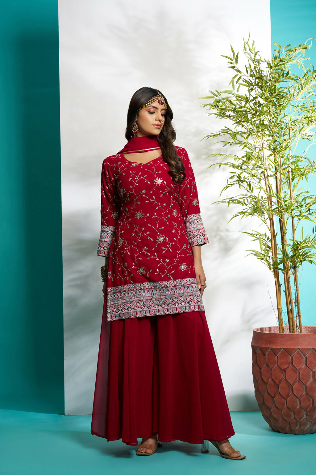 Aayaa Designer Faux Gorgette Embroidery Zari Sequins Thread work Full Flaired plazzo Suit with Dupatta - Maroon | Grocsy