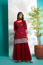 Aayaa Designer Faux Gorgette Embroidery Zari Sequins Thread work Full Flaired plazzo Suit with Dupatta - Maroon | Grocsy