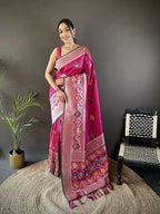 Joban Fashion Pink Elephant & Floral Motifs Soft Lichi Silk Banarasi Saree | Grocsy