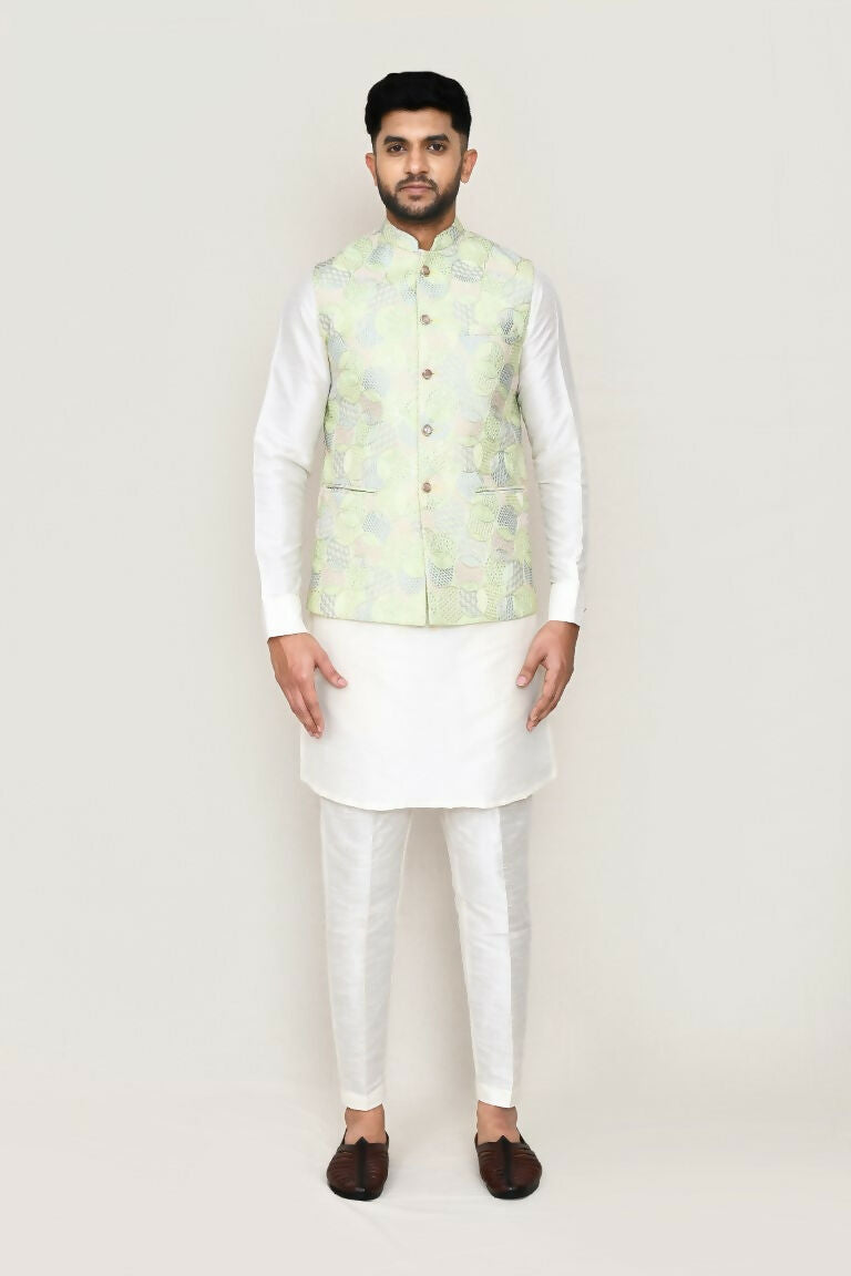 Joban Fashion White Colored Art Silk Fabric Kurta, Jacket With Straight Fit Pant | Grocsy