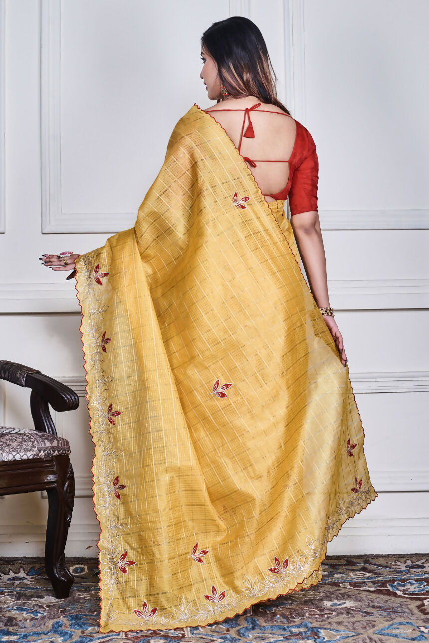 Morchari Yellow Kota Check Zari Embroidery Saree Unstitched Blouse | Grocsy